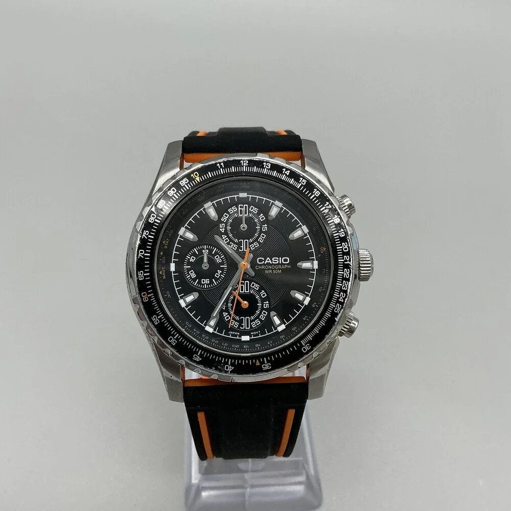 Casio MTP-4500 Mens Watch 41mm Black Dial Chronograph Black Orange Silicone